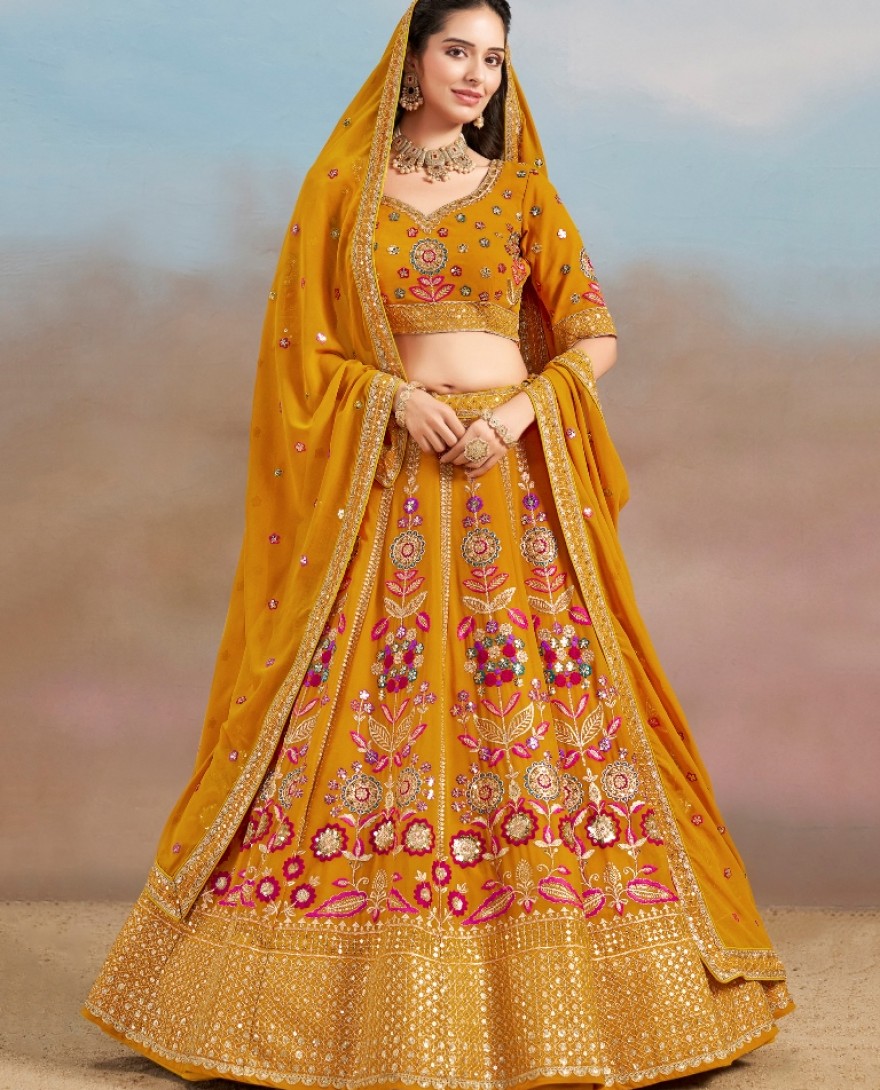 6008- YELLOW - Stunning yellow Thread Work Georgette Engagement Wear Lehenga With Blouse